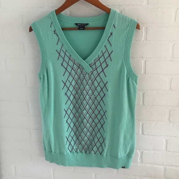 Vintage 90s Y2K Oakley knit Sweater Vest Academia Turquoise/Purple Argyle L - Picture 1 of 6